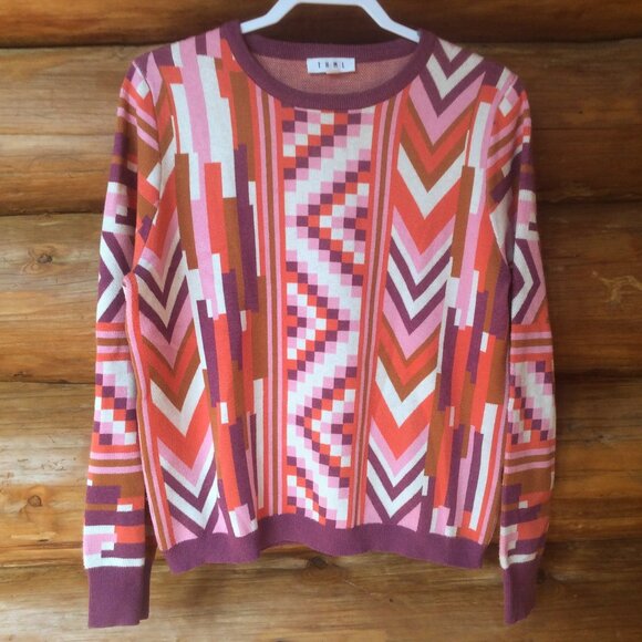 THML Retro Geometric Aztec Mixed Print Abstract Long Sleeve Sweater Size Large - Picture 1 of 5